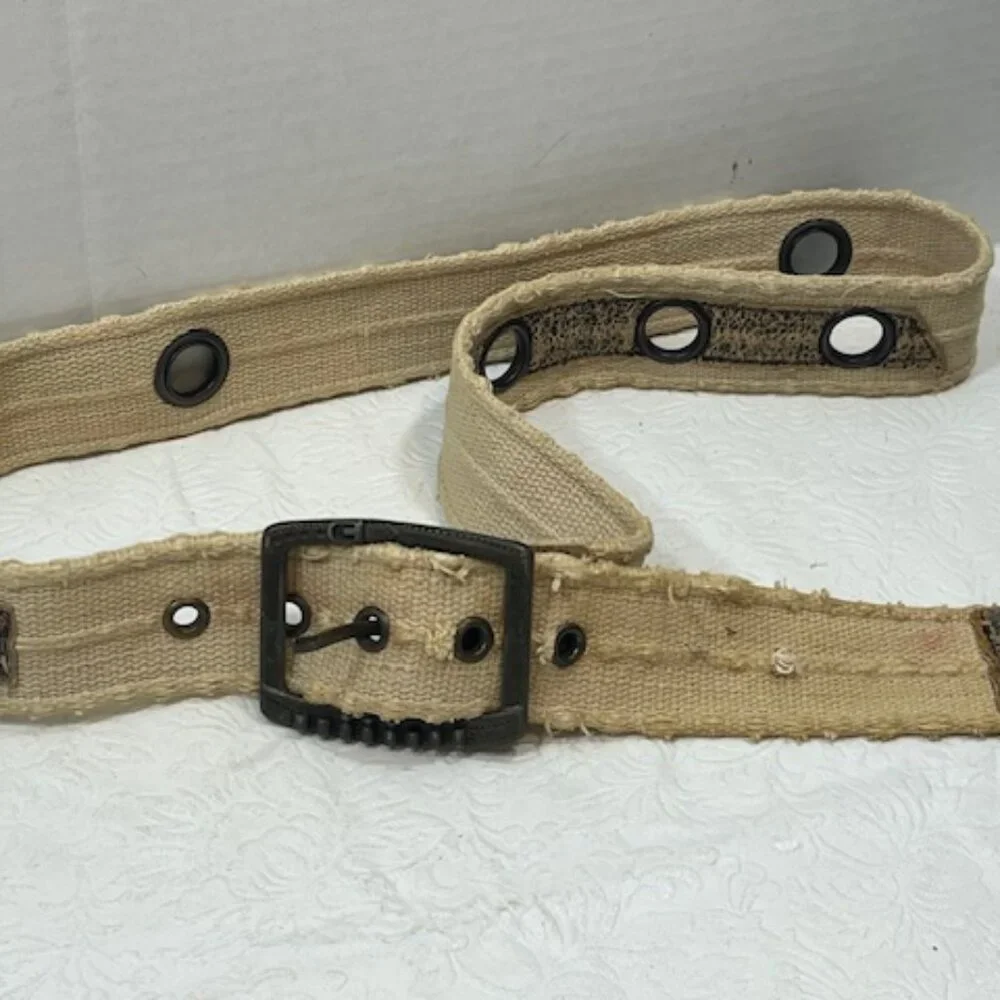 Beige Distressed Canvas Faux Leather Accents Metal Grommet Holes Belt 37